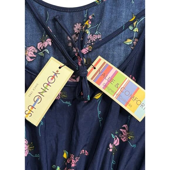 Young USA Navy Blue Floral Midi Dress Size L Elastic Waist Short Sleeve NWT - Picture 3 of 10
